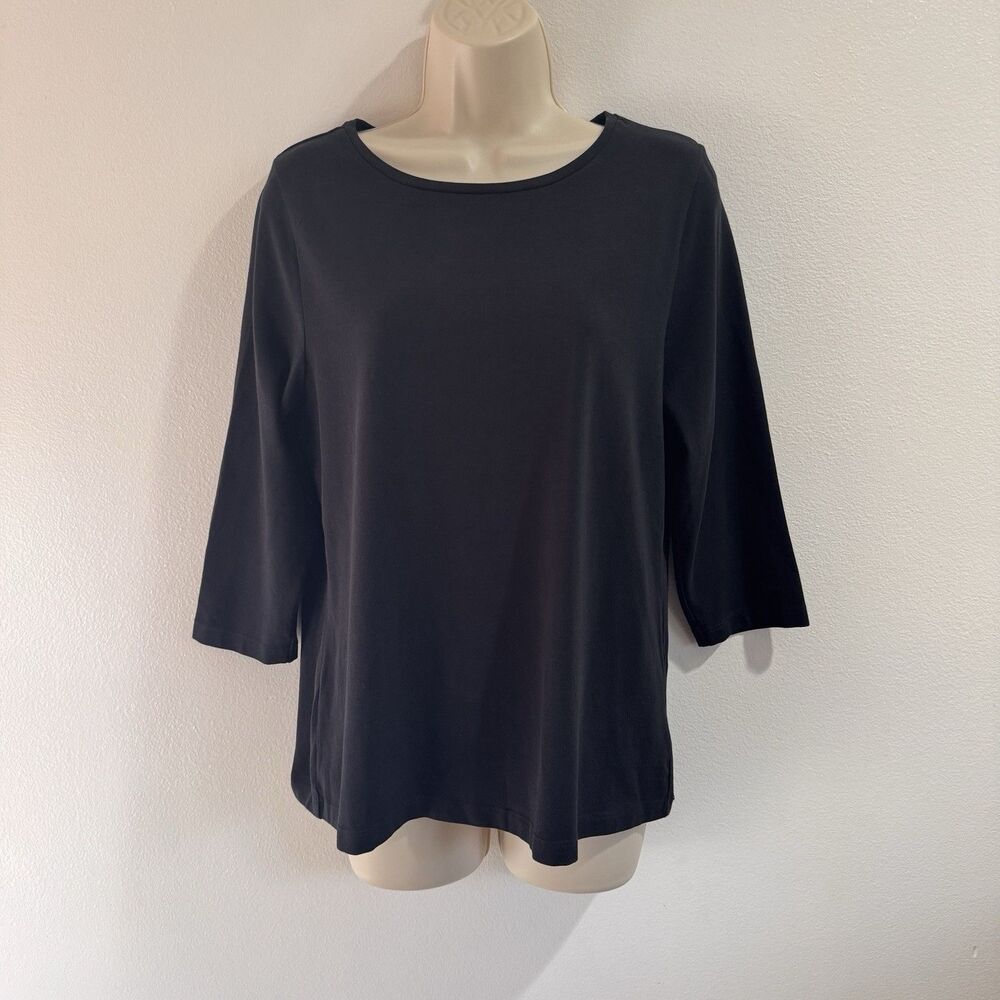 E.L.I. Blouse Shirt L V-neck Crew Pullover Black Pima Cotton Stretch 3/4 Sleeves